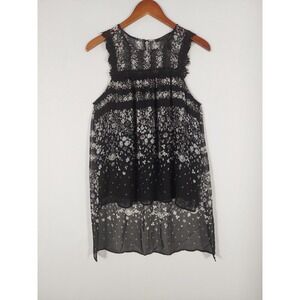 BCBGMAXAZRIA Floral Tunic Top Hi Low Black Sheer Lace Trim Sleeveless Womens S